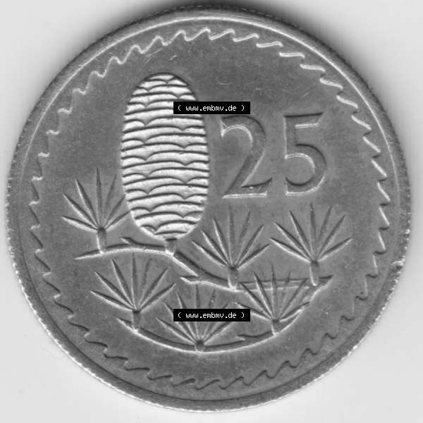 Grau bzw. s/w Umlaufmünzen Zypern: 1963-1982, 25 Mils. Rückseite der Münze aus Zypern als Bildmaterial für Sammler und Münzen-Webseiten hier im online Katalog und Datenbank... Sammlung Graustufen