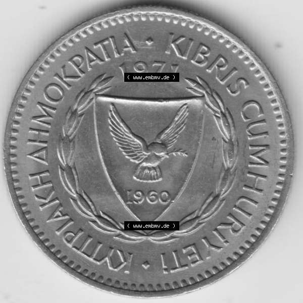 Grau bzw. s/w Umlaufmünzen Zypern: 1963-1982, 50 Mils. Vorderseite der Münze aus Zypern als Bildmaterial für Sammler und Münzen-Webseiten hier im online Katalog und Datenbank für... Sammlung Graustufen
