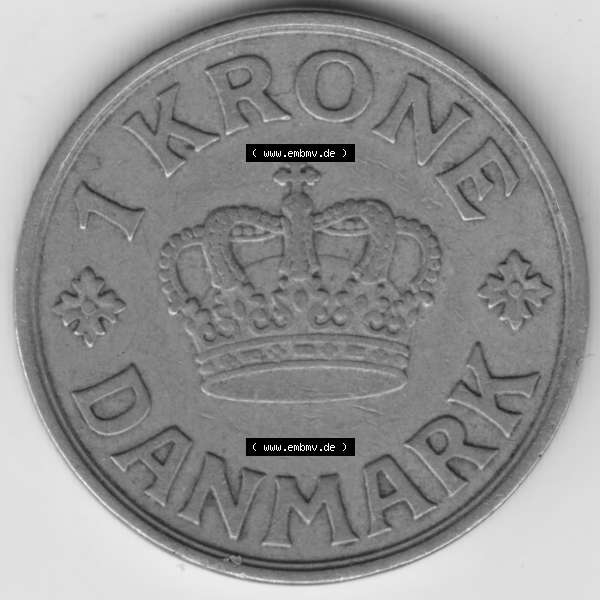 Grau bzw. s/w Umlaufmünzen Dänemark: 1940, 1 Krone. Vorderseite der alten dänischen Umlaufmünze aus Dänemark zum katalogisieren und verwalten im Münzen-Katalog Dänemark... Sammlung Graustufen
