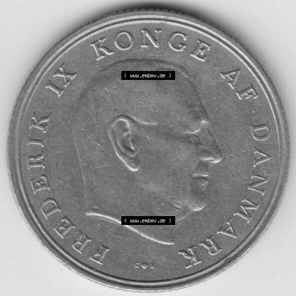Grau bzw. s/w Umlaufmünzen Dänemark: 1962, 1 Krone. Rückseite der alten dänischen Umlaufmünze aus Dänemark zum katalogisieren und verwalten im Münzen-Katalog Dänemark... Sammlung Graustufen