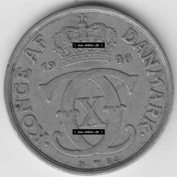Grau bzw. s/w Umlaufmünzen Dänemark: 1940, 1 Krone. Rückseite der alten dänischen Umlaufmünze aus Dänemark zum katalogisieren und verwalten im Münzen-Katalog Dänemark... Sammlung Graustufen