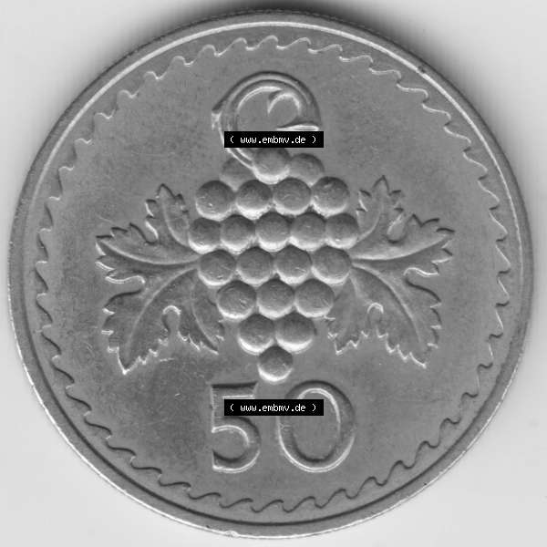 Grau bzw. s/w Umlaufmünzen Zypern: 1963-1982, 50 Mils. Rückseite der Münze aus Zypern als Bildmaterial für Sammler und Münzen-Webseiten hier im online Katalog und Datenbank... Sammlung Graustufen