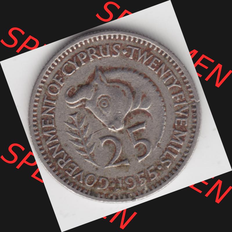 Umlaufmünzen Zypern: 1955-1955, 25 Mils. Rückseite der Münze aus Zypern als Bildmaterial für Sammler und Münzen-Webseiten hier im online Katalog und Datenbank... Sammlung