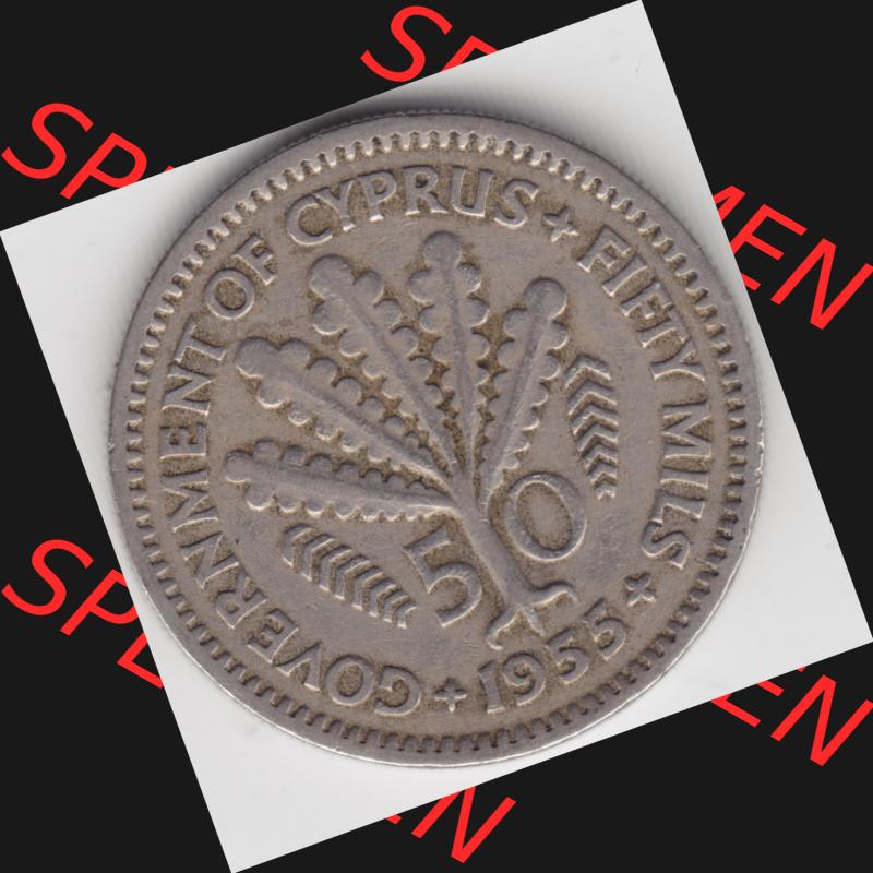 Umlaufmünzen Zypern: 1955-1955, 50 Mils. Rückseite der Münze aus Zypern als Bildmaterial für Sammler und Münzen-Webseiten hier im online Katalog und Datenbank... Sammlung