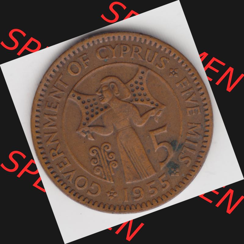 Umlaufmünzen Zypern: 1955-1956, 5 Mils. Rückseite der Münze aus Zypern als Bildmaterial für Sammler und Münzen-Webseiten hier im online Katalog und Datenbank... Sammlung