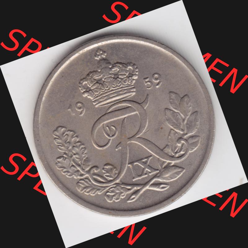 Umlaufmünzen Dänemark: 1959, 25 Öre. Rückseite der alten dänischen Umlaufmünze aus Dänemark zum katalogisieren und verwalten im Münzen-Katalog... Sammlung