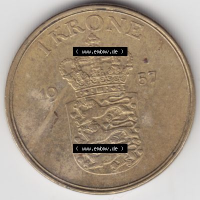 Umlaufmünzen Dänemark: 1957, 1 Krone. Vorderseite der alten dänischen Umlaufmünze aus Dänemark zum katalogisieren und verwalten im Münzen-Katalog Dänemark... Sammlung