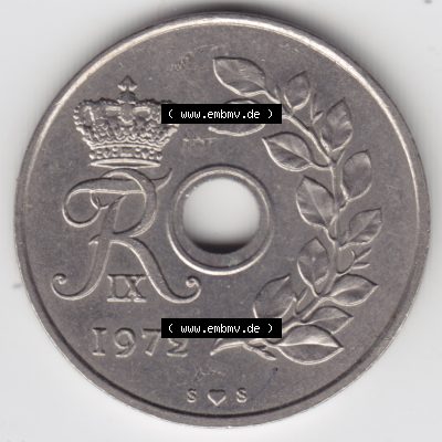 Umlaufmünzen Dänemark: 1972, 25 Öre. Rückseite der alten dänischen Umlaufmünze aus Dänemark zum katalogisieren und verwalten im Münzen-Katalog... Sammlung
