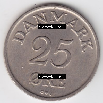 Umlaufmünzen Dänemark: 1959, 25 Öre. Vorderseite der alten dänischen Umlaufmünze aus Dänemark zum katalogisieren und verwalten im Münzen-Katalog Dänemark... Sammlung