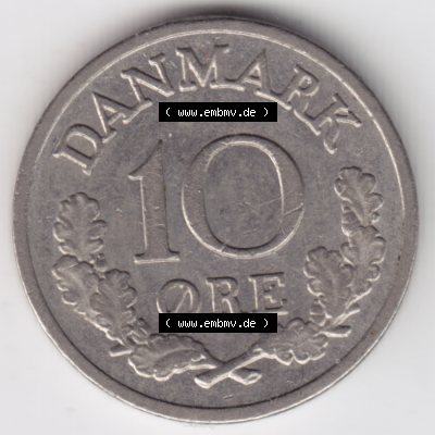Umlaufmünzen Dänemark: 1969, 10 Öre. Vorderseite der alten dänischen Umlaufmünze aus Dänemark zum katalogisieren und verwalten im Münzen-Katalog Dänemark... Sammlung