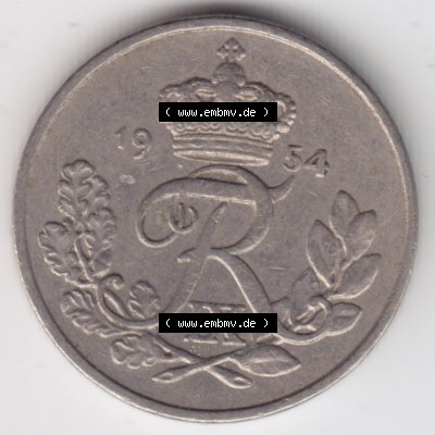 Umlaufmünzen Dänemark: 1954, 10 Öre. Rückseite der alten dänischen Umlaufmünze aus Dänemark zum katalogisieren und verwalten im Münzen-Katalog... Sammlung