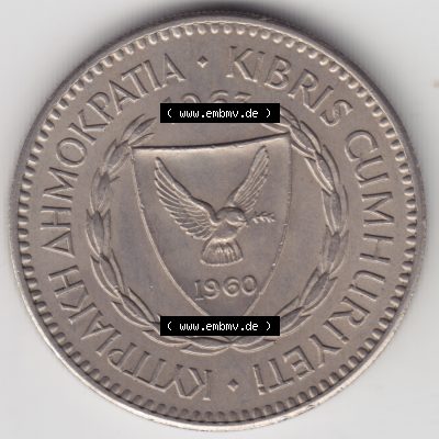 Umlaufmünzen Zypern: 1963-1982, 100 Mils. Vorderseite der Münze aus Zypern als Bildmaterial für Sammler und Münzen-Webseiten hier im online Katalog und Datenbank... Sammlung