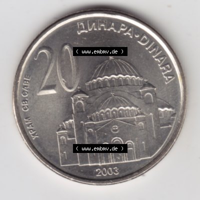 Umlaufmünzen Serbien: 2003-2003, 20 Dinara. Münzen aus Serbien als Bildmaterial für Sammler und Münzen-Webseiten hier im online Katalog und Datenbank für Europäische... Sammlung