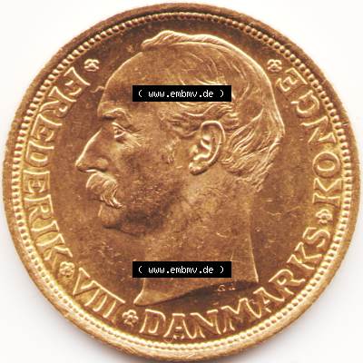 Goldmünzen Dänemark: 1908-1912, 20 Kronen 1911. Rückseite der alten dänischen Goldmünze aus Dänemark zum katalogisieren und verwalten im Münzen-Katalog... Sammlung