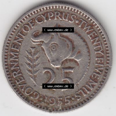 Umlaufmünzen Zypern: 1955-1955, 25 Mils. Rückseite der Münze aus Zypern als Bildmaterial für Sammler und Münzen-Webseiten hier im online Katalog und Datenbank... Sammlung