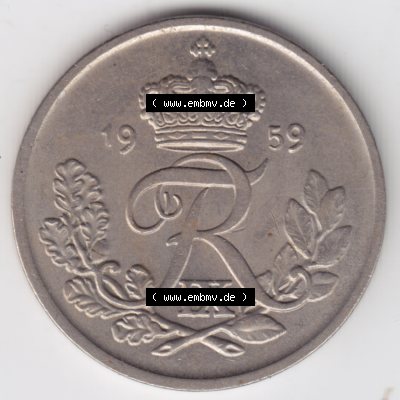 Umlaufmünzen Dänemark: 1959, 25 Öre. Rückseite der alten dänischen Umlaufmünze aus Dänemark zum katalogisieren und verwalten im Münzen-Katalog... Sammlung