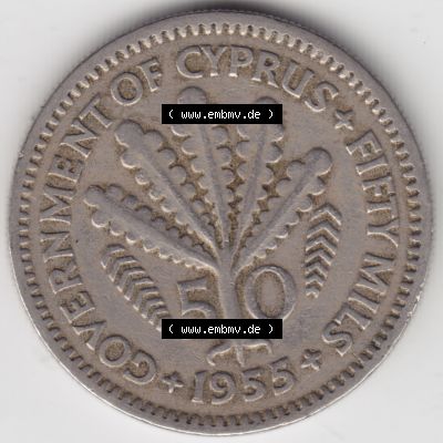 Umlaufmünzen Zypern: 1955-1955, 50 Mils. Rückseite der Münze aus Zypern als Bildmaterial für Sammler und Münzen-Webseiten hier im online Katalog und Datenbank... Sammlung