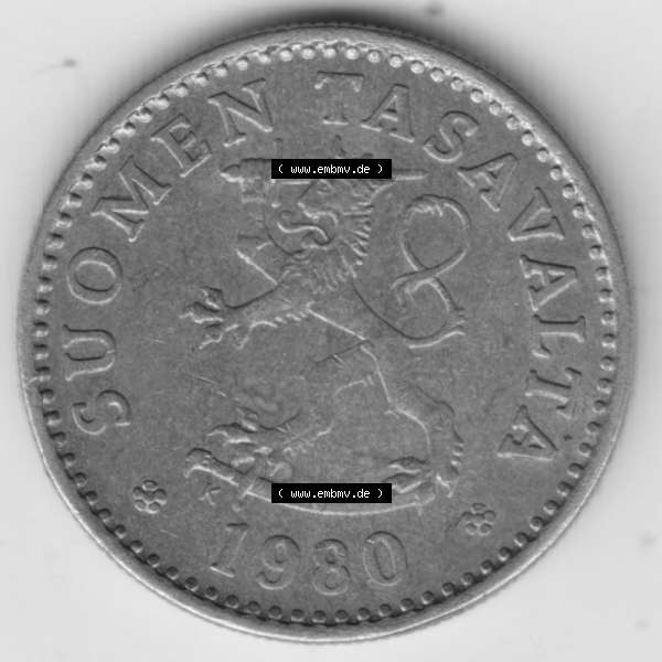 Grau bzw. s/w Münzen Finnland, SUOMI Umlaufmünze 1963-1982, 10 Penniä 1980. Rückseite der alten finnischen Umlaufmünze aus Finnland SUOMI zum katalogisieren und verwalten... Sammlung Graustufen