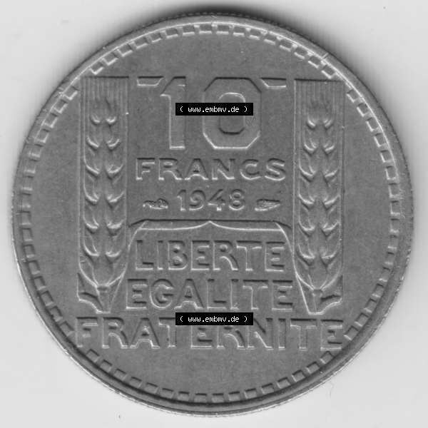 Grau bzw. s/w Münze Frankreich 1947-1949, 10 Francs, Franken 1948. Vorderseite der alten französischen Umlaufmünze aus Frankreich in der Francs-Währung zum katalogisieren und verwalten... Sammlung Graustufen