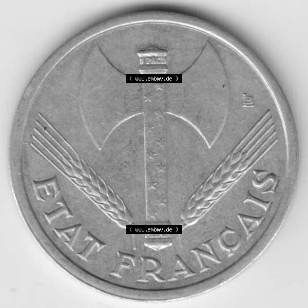 Grau bzw. s/w Münze Frankreich 1942-1944, 1 Franc, Franken 1943. Rückseite der alten französischen Umlaufmünze aus Frankreich in der Francs-Währung zum katalogisieren und... Sammlung Graustufen