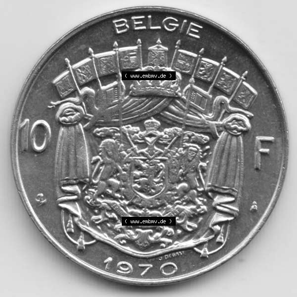 Grau bzw. s/w Münzen Belgien Umlaufmünze 1969-1979, 10 Francs 1970 Belgie. Vorderseite der alten belgischen Francs Umlaufmünze aus Belgien vor Einführung der Euromünzen in Belgien... Sammlung Graustufen
