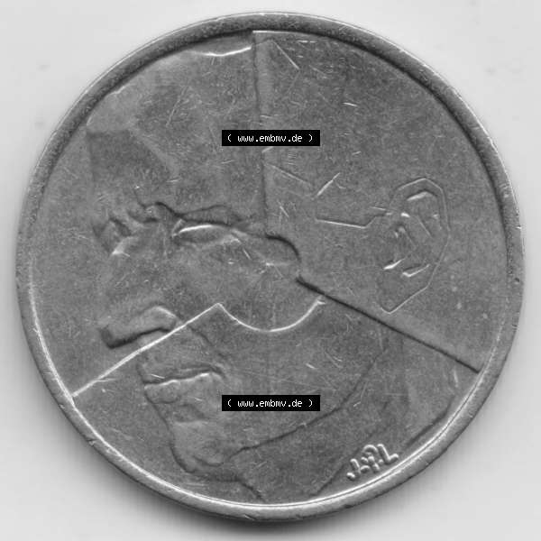 Grau bzw. s/w Münzen Belgien Umlaufmünze 1986-1993, 5 Francs 1986 Belgie. Rückseite der alten belgischen Francs Umlaufmünze aus Belgien vor Einführung der Euromünzen in Belgien... Sammlung Graustufen