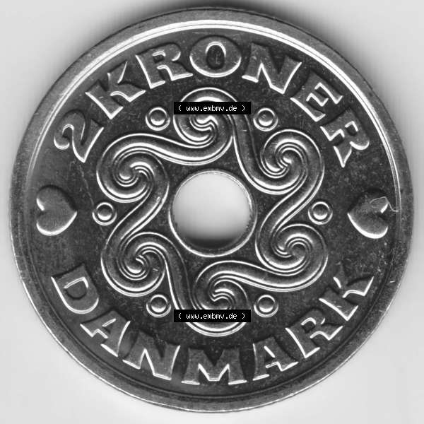 Grau bzw. s/w Münzen Dänemark Umlaufmünze 2007, 2 Kroner, Kronen. Vorderseite der alten dänischen Umlaufmünze aus Dänemark zum katalogisieren und verwalten im Münzen-Katalog... Sammlung Graustufen