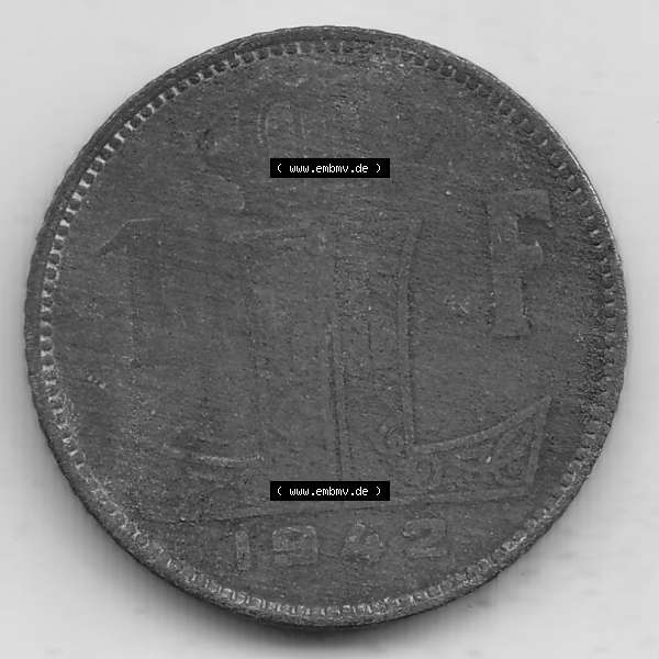 Grau bzw. s/w Münzen Belgien Umlaufmünze 1942-1947, 1 Franken 1942 Belgie - Belgique. Vorderseite der alten belgischen Francs Umlaufmünze aus Belgien vor Einführung der Euromünzen... Sammlung Graustufen