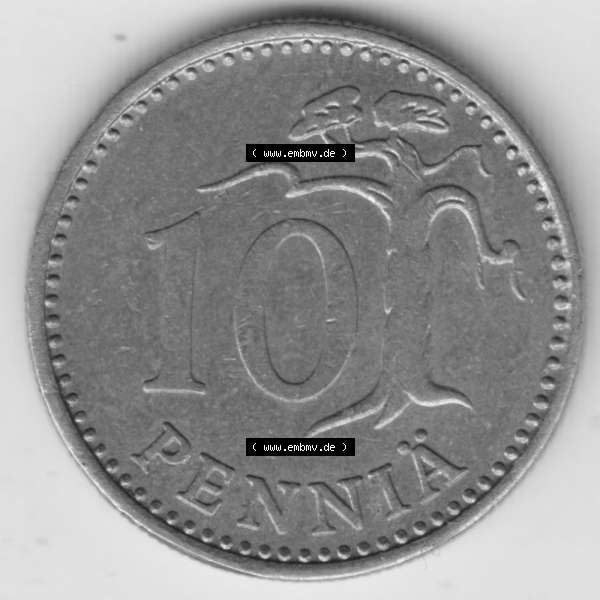 Grau bzw. s/w Münzen Finnland, SUOMI Umlaufmünze 1963-1982, 10 Penniä 1980. Vorderseite der alten finnischen Umlaufmünze aus Finnland SUOMI zum katalogisieren und verwalten im... Sammlung Graustufen
