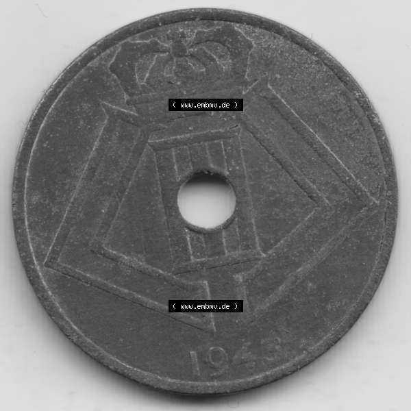 Grau bzw. s/w Münzen Belgien Umlaufmünze 1942-1946, 25 Centimes 1943 Belgie - Belgique. Rückseite der alten belgischen Francs Umlaufmünze aus Belgien vor Einführung der Euromünzen... Sammlung Graustufen