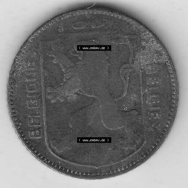 Grau bzw. s/w Münzen Belgien Umlaufmünze 1942-1947, 1 Franken 1942 Belgie - Belgique. Rückseite der alten belgischen Francs Umlaufmünze aus Belgien vor Einführung der Euromünzen... Sammlung Graustufen
