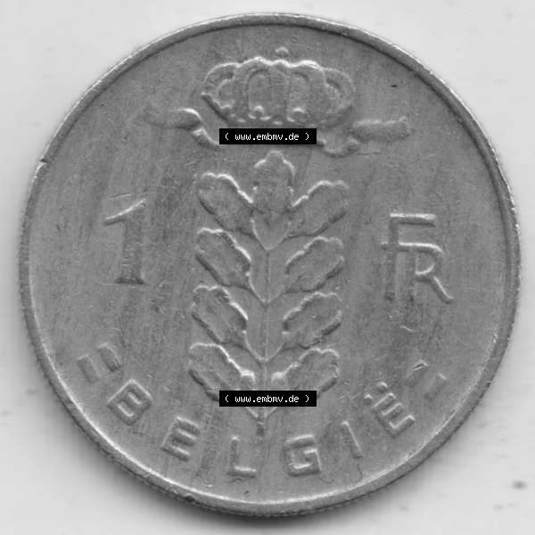 Grau bzw. s/w Münzen Belgien Umlaufmünze 1950-1988, 1 Francs-Franken 1968 Belgie. Vorderseite der alten belgischen Francs Umlaufmünze aus Belgien vor Einführung der Euromünzen in... Sammlung Graustufen