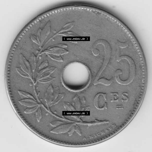Grau bzw. s/w Münzen Belgien Umlaufmünze 1913-1929, 25 Ces, Centimes, Cent Koninkrijk Belgie. Vorderseite der alten belgischen Francs Umlaufmünze aus Belgien vor Einführung... Sammlung Graustufen