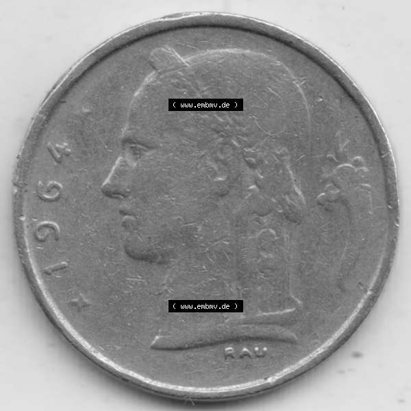 Grau bzw. s/w Münzen Belgien Umlaufmünze 1950-1988, 1 Francs-Franken 1964 Belgie. Rückseite der alten belgischen Francs Umlaufmünze aus Belgien vor Einführung der Euromünzen... Sammlung Graustufen