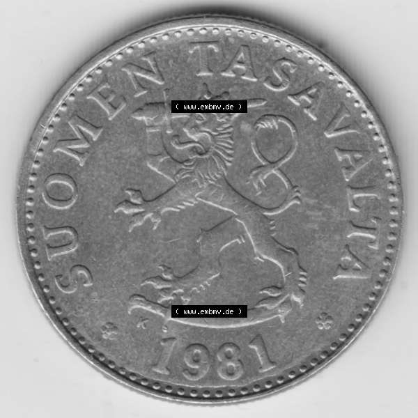 Grau bzw. s/w Münzen Finnland, SUOMI Umlaufmünze 1963-1990, 50 Penniä 1981. Rückseite der alten finnischen Umlaufmünze aus Finnland SUOMI zum katalogisieren und verwalten... Sammlung Graustufen
