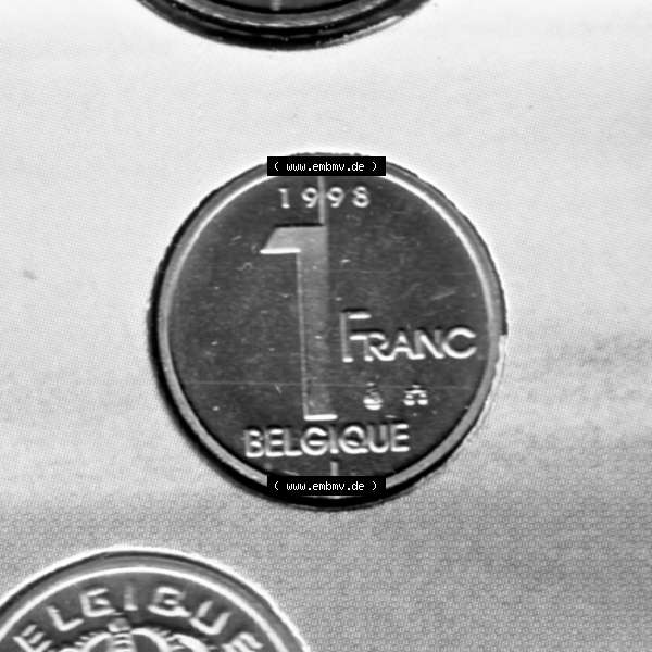 Grau bzw. s/w Münzen Belgien Umlaufmünze Münzsatz Sabena 1998, 1 Franc. Vorderseite der alten belgischen Francs Umlaufmünze aus Belgien vor Einführung der Euromünzen in Belgien... Sammlung Graustufen