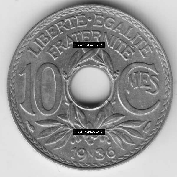 Grau bzw. s/w Münze Frankreich 1917-1938, 10 Centimes, Cent 1936. Vorderseite der alten französischen Umlaufmünze 10 Cmes - Centimes - Cent aus Frankreich in der Francs-Währung... Sammlung Graustufen