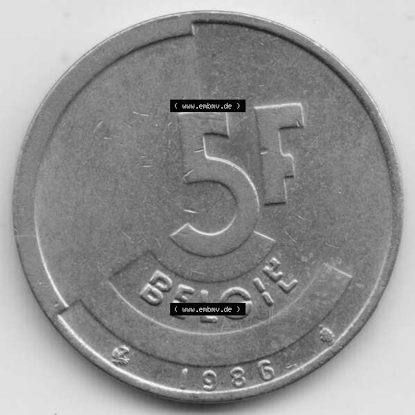 Grau bzw. s/w Münzen Belgien Umlaufmünze 1986-1993, 5 Francs 1986 Belgie. Vorderseite der alten belgischen Francs Umlaufmünze aus Belgien vor Einführung der Euromünzen in Belgien... Sammlung Graustufen