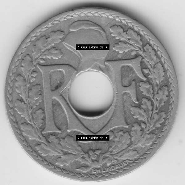 Grau bzw. s/w Münze Frankreich 1917-1938, 10 Centimes, Cent 1924. Rückseite der alten französischen Umlaufmünze 10 Cmes - Centimes - Cent aus Frankreich in der Francs-Währung... Sammlung Graustufen