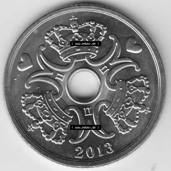 Grau bzw. s/w Münzen Dänemark Umlaufmünze 2013, 5 Kroner, Kronen. Rückseite der alten dänischen Umlaufmünze aus Dänemark zum katalogisieren und verwalten im Münzen-Katalog... Sammlung Graustufen