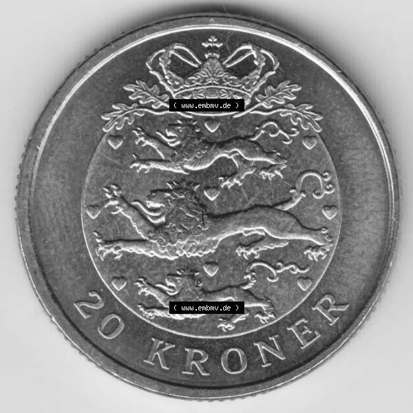 Grau bzw. s/w Münzen Dänemark Umlaufmünze 2007, 20 Kroner, Kronen. Vorderseite der alten dänischen Umlaufmünze aus Dänemark zum katalogisieren und verwalten im Münzen-Katalog... Sammlung Graustufen