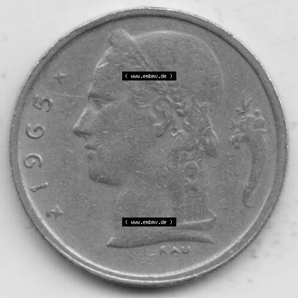 Grau bzw. s/w Münzen Belgien Umlaufmünze 1950-1988, 1 Francs-Franken 1965 Belgie. Rückseite der alten belgischen Francs Umlaufmünze aus Belgien vor Einführung der Euromünzen... Sammlung Graustufen