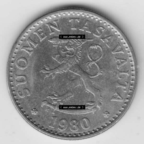 Grau bzw. s/w Münzen Finnland, SUOMI Umlaufmünze 1963-1990, 20 Penniä 1980. Rückseite der alten finnischen Umlaufmünze aus Finnland SUOMI zum katalogisieren und verwalten... Sammlung Graustufen