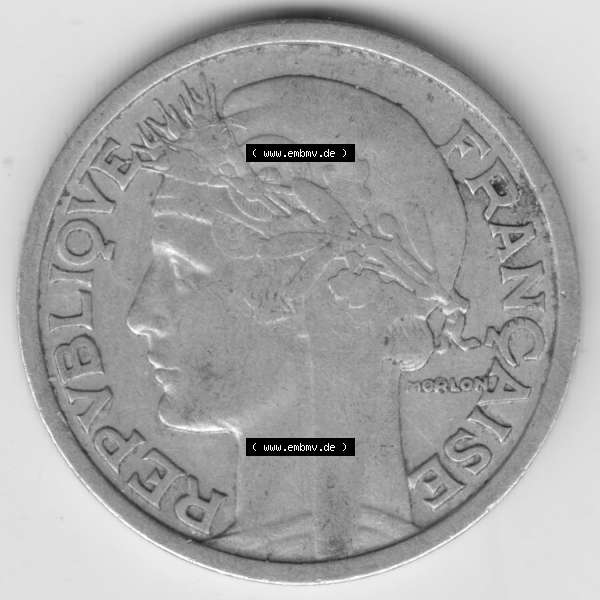 Grau bzw. s/w Münze Frankreich 1941-1959, 2 Francs, Franken 1947. Rückseite der alten französischen Umlaufmünze aus Frankreich in der Francs-Währung zum katalogisieren und... Sammlung Graustufen