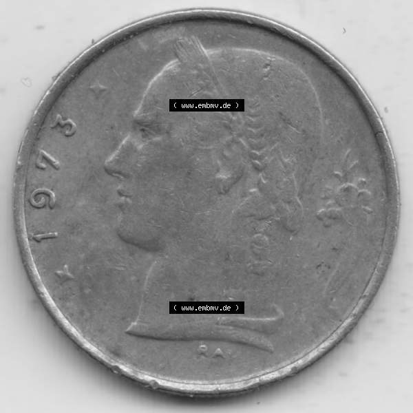 Grau bzw. s/w Münzen Belgien Umlaufmünze 1950-1988, 1 Francs-Franken 1973 Belgie. Rückseite der alten belgischen Francs Umlaufmünze aus Belgien vor Einführung der Euromünzen... Sammlung Graustufen