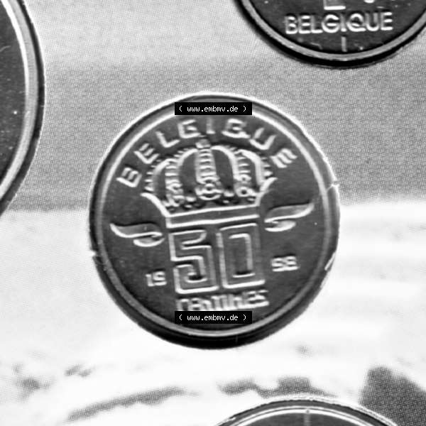 Grau bzw. s/w Münzen Belgien Umlaufmünze Münzsatz Sabena 1998 50 Centimes. Vorderseite der alten belgischen Francs Umlaufmünze aus Belgien vor Einführung der Euromünzen in Belgien... Sammlung Graustufen