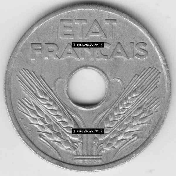Grau bzw. s/w Münze Frankreich 1941-1941, VINGT 20 Centimes, Cent. Rückseite der alten französischen Umlaufmünze aus Frankreich in der Francs-Währung zum katalogisieren und... Sammlung Graustufen