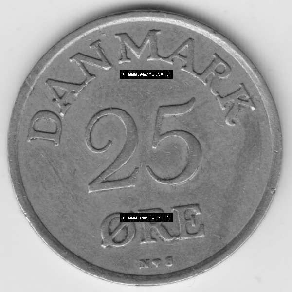 Grau bzw. s/w Münzen Dänemark Umlaufmünze 1948-1955, 25 Öre 1949 Kursmünze. Vorderseite der alten dänischen Umlaufmünze aus Dänemark zum katalogisieren und verwalten... Sammlung Graustufen