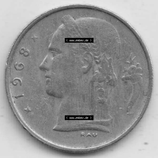 Grau bzw. s/w Münzen Belgien Umlaufmünze 1950-1988, 1 Francs-Franken 1968 Belgie, Bild mit Rückseite der Münze zum Download Sammlung Graustufen