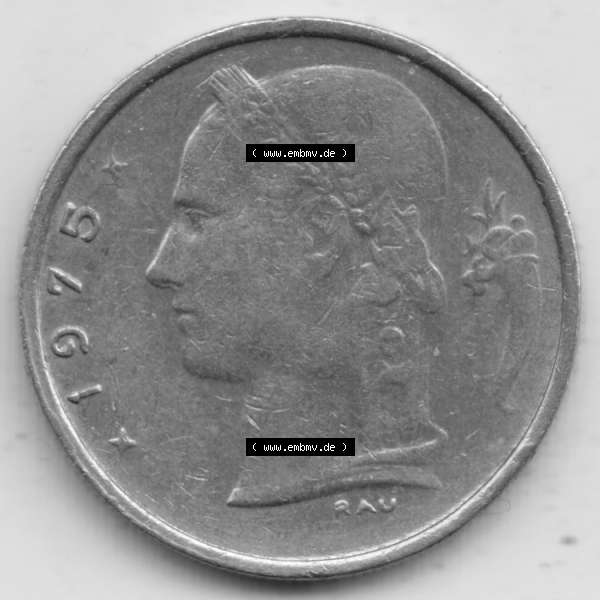 Grau bzw. s/w Münzen Belgien Umlaufmünze 1950-1988, 1 Francs-Franken 1975 Belgie. Rückseite der alten belgischen Francs Umlaufmünze aus Belgien vor Einführung der Euromünzen... Sammlung Graustufen